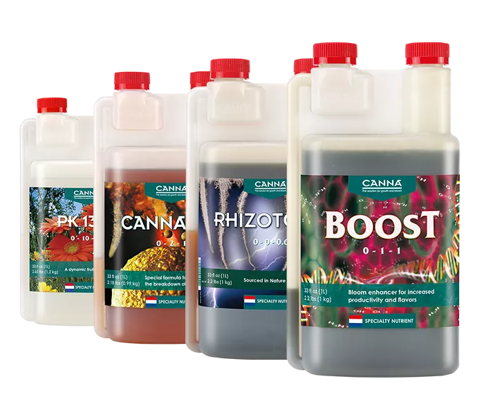 CANNA Additives line with RHIZOTONIC, CANNAZYM, CANNABOOST, and PK 13/14 to support roots, flowering, and overall plant health.