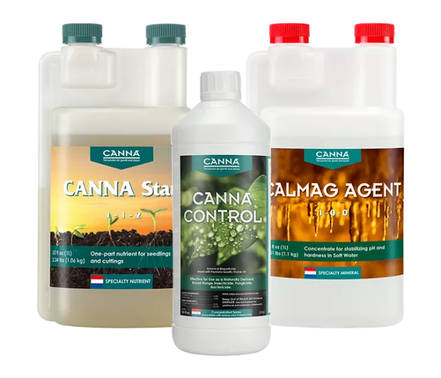 CANNA Other Products line featuring CANNA Start for seedlings and cuttings, and CANNA CALMAG Agent for balancing nutrients in soft water.