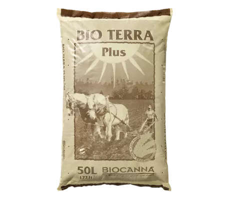 BIOCANNA Bio Terra Plus, a 50-liter bag of organic soil mix designed for sustainable and natural plant cultivation.