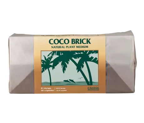 CANNA Coco Brick, a compressed coco coir plant medium that expands when hydrated.