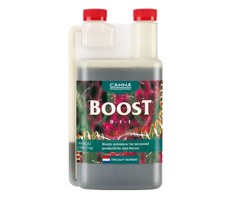 CANNABOOST 1L bottle, a specialty bloom enhancer designed to increase productivity and enhance flavors in plants.