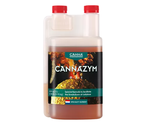 CANNAZYM 1L bottle, a specialty nutrient with a formula designed to facilitate the breakdown of cellulose and support plant health.