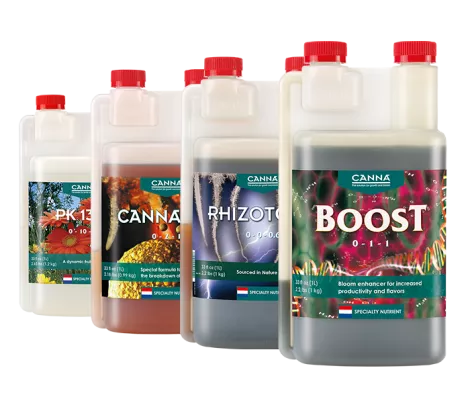 CANNA Additives line with RHIZOTONIC, CANNAZYM, CANNABOOST, and PK 13/14 to support roots, flowering, and overall plant health.