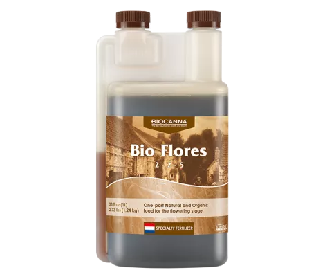 BIOCANNA Bio Flores, an organic plant food designed for the flowering stage, packaged in a 1-liter bottle.