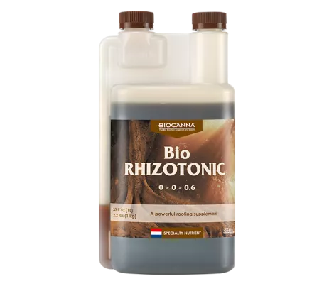 BIOCANNA Bio Rhizotonic, a 1-liter bottle of organic rooting supplement designed to stimulate root growth and enhance plant vitality.