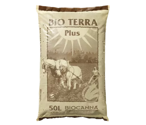 BIOCANNA Bio Terra Plus, a 50-liter bag of organic soil mix designed for sustainable and natural plant cultivation.