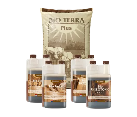 BIOCANNA product line with Bio Terra Plus soil mix, Bio Vega, Bio Flores, Bio Boost, and Bio Rhizotonic for organic plant cultivation.