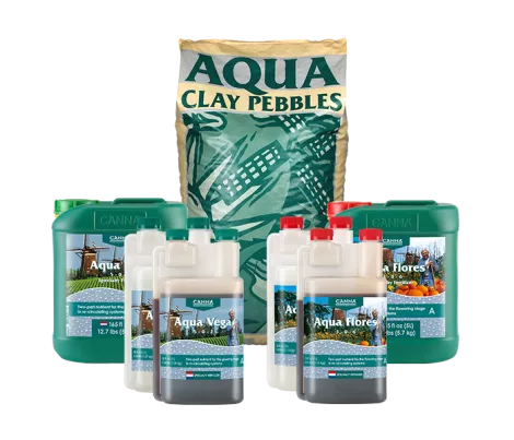 CANNA AQUA product line with Aqua Vega, Aqua Flores nutrients, and Aqua Clay Pebbles for recirculating hydroponic systems like NFT and ebb and flow.