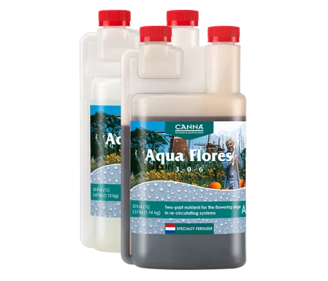 CANNA Aqua Flores Part A and Part B, a two-part nutrient solution for the flowering stage in recirculating hydroponic systems.