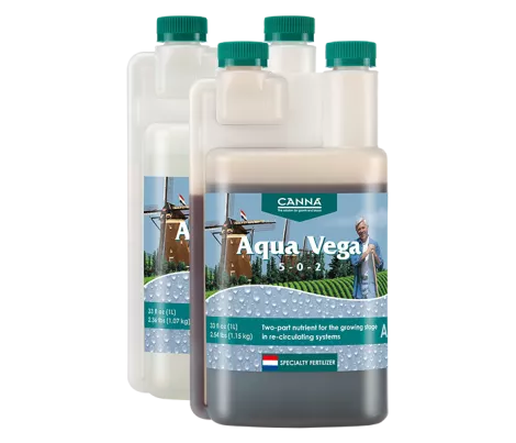 CANNA Aqua Vega Part A and Part B, a two-part nutrient solution for the growing stage in recirculating hydroponic systems.
