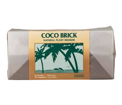 CANNA Coco Brick, a compressed coco coir plant medium that expands when hydrated.