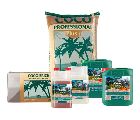 CANNA COCO product line with COCO Professional Plus+ bag, COCO Brick, and nutrients for plant growth in coco coir mediums.