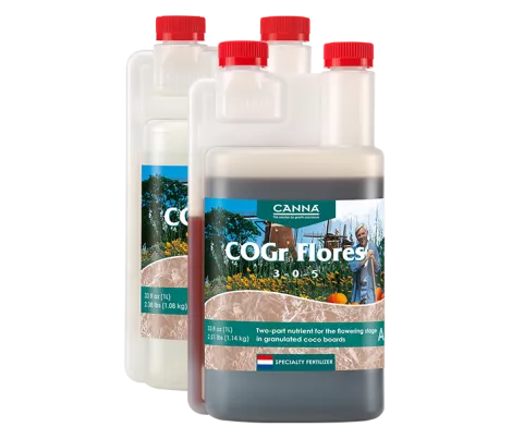 CANNA COGr Flores Part A and Part B, a two-part nutrient solution for the blooming period of plants, shown in 1-liter bottles.
