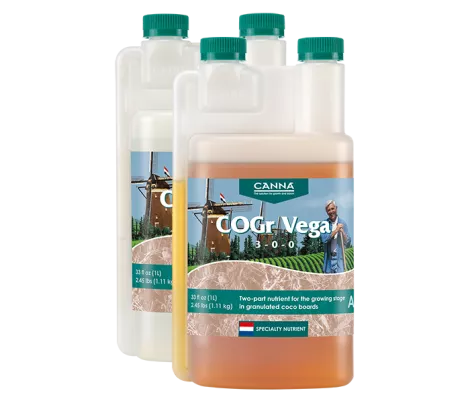 CANNA COGr Vega Part A and Part B, a two-part nutrient solution for the growing stage of plants, shown in 1-liter bottles