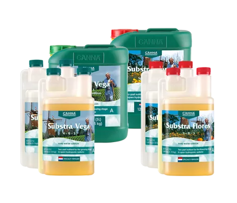 CANNA SUBSTRA product line with Substra Vega and Substra Flores for hydroponic systems using inert substrates like rockwool and clay pebbles.
