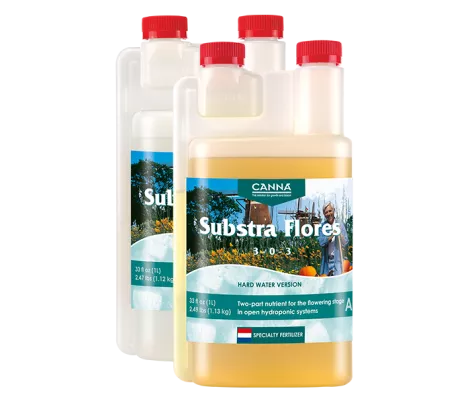 CANNA Substra Flores nutrient bottles for hydroponic gardening, hard water version, formulated for the flowering stage in open hydroponic systems.