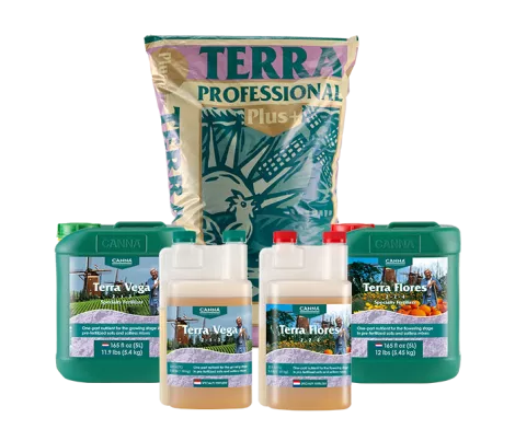 CANNA TERRA product line with Terra Professional Plus potting mix, Terra Vega, and Terra Flores, for growing in pre-fertilized soil or soilless mediums in containers or beds.