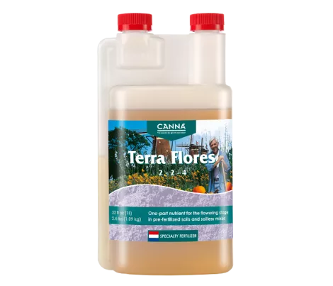 1-liter bottle of CANNA Terra Flores nutrient, a one-part fertilizer designed for the flowering stage in pre-fertilized soils and soil mixes.