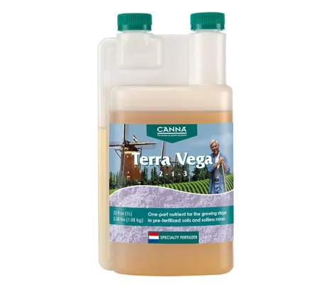 1-liter bottle of CANNA Terra Vega nutrient, a one-part fertilizer designed for the growing stage in pre-fertilized soils and soil mixes.