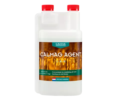 CANNA CALMAG AGENT 1L bottle, a concentrate designed to stabilize pH and hardness in soft water, ensuring optimal nutrient absorption for plants.